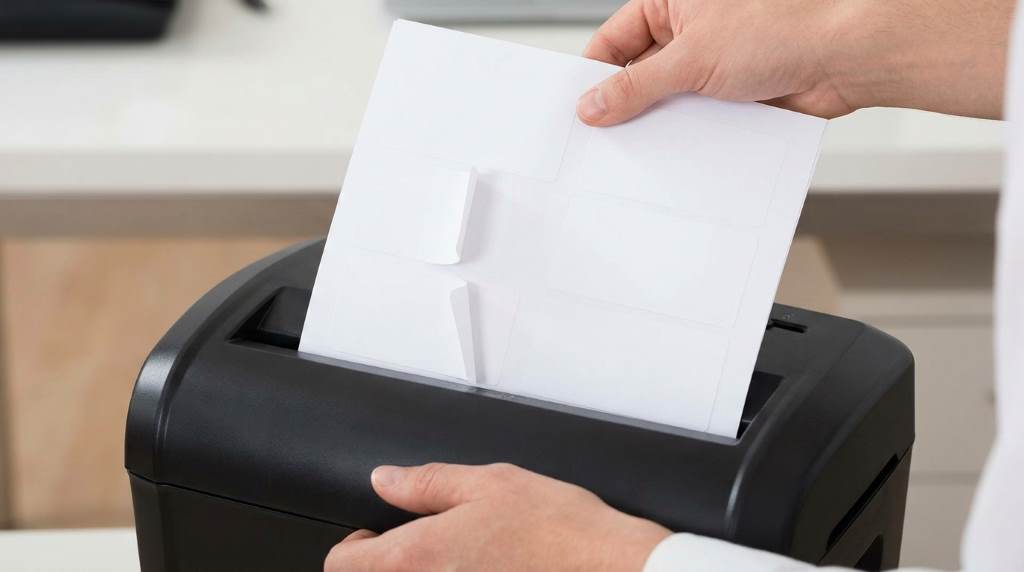 Commercial office shredder processing clean paper sheets
