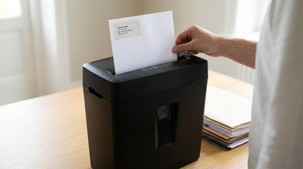 Office shredder clogged with adhesive label residue