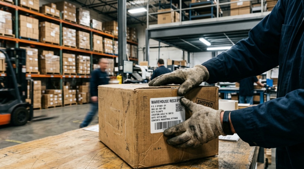 A worker applying a durable thermal label to a storage box in a warehouse.