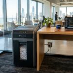 A modern heavy duty office paper shredder next to a desk in a bright workspace.