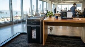 A modern heavy duty office paper shredder next to a desk in a bright workspace.