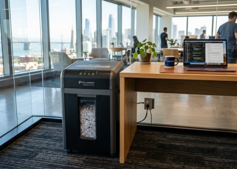 A modern heavy duty office paper shredder next to a desk in a bright workspace.