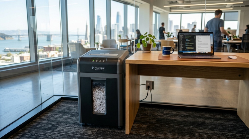 A modern heavy duty office paper shredder next to a desk in a bright workspace.