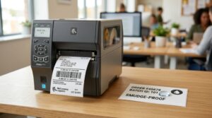 A close up shot of a high quality thermal label printer printing crisp shipping labels.