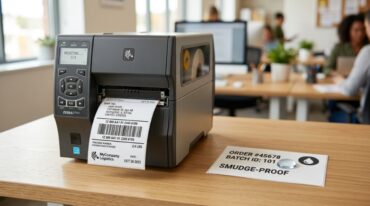 A close up shot of a high quality thermal label printer printing crisp shipping labels.