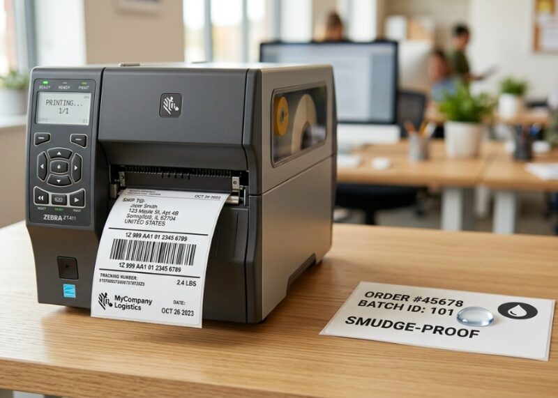 A close up shot of a high quality thermal label printer printing crisp shipping labels.