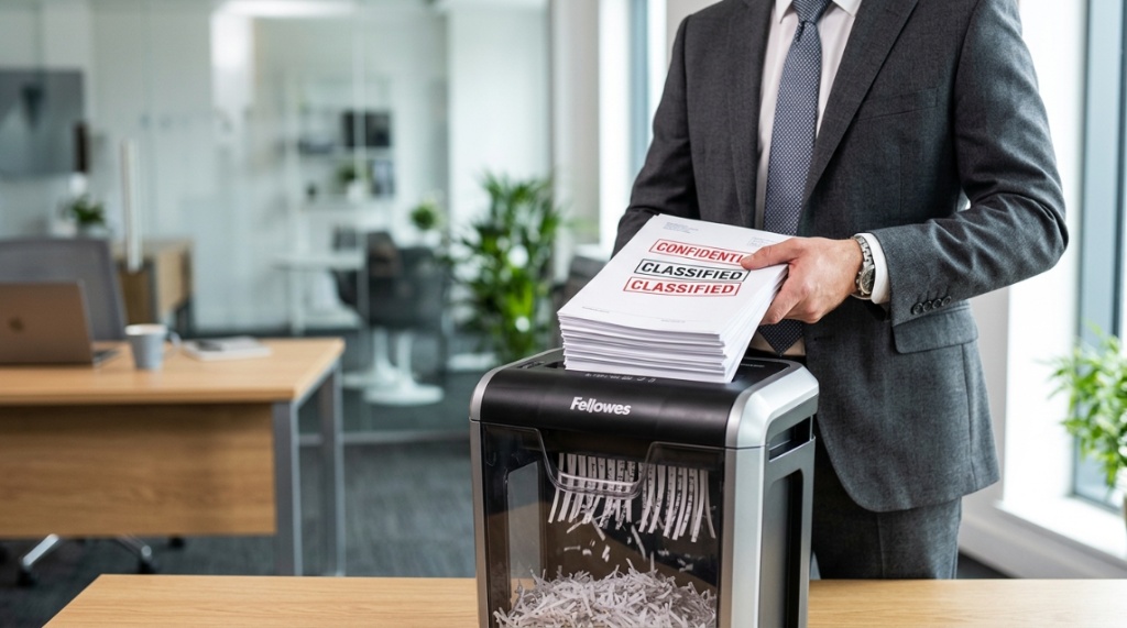 A professional inserting confidential business documents into a cross cut paper shredder.