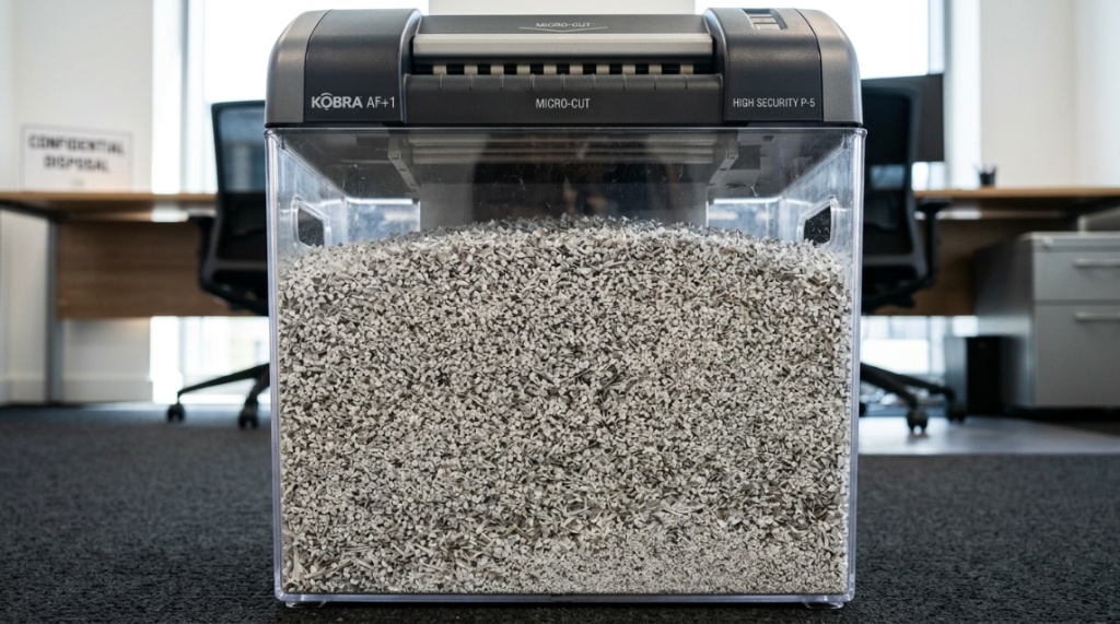 A clear view of finely shredded paper confetti inside an office shredder bin.