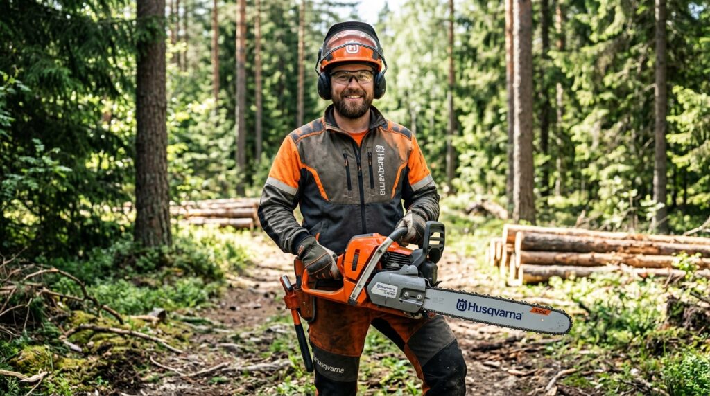 Forester holding a modern 2-stroke chainsaw in a forest