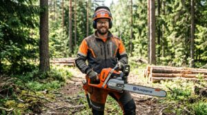 Forester holding a modern 2-stroke chainsaw in a forest