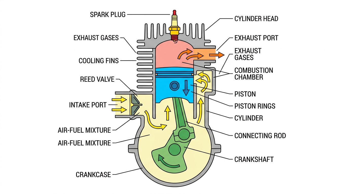 Diagram showing the internal mechanics of a 2-stroke engine.
