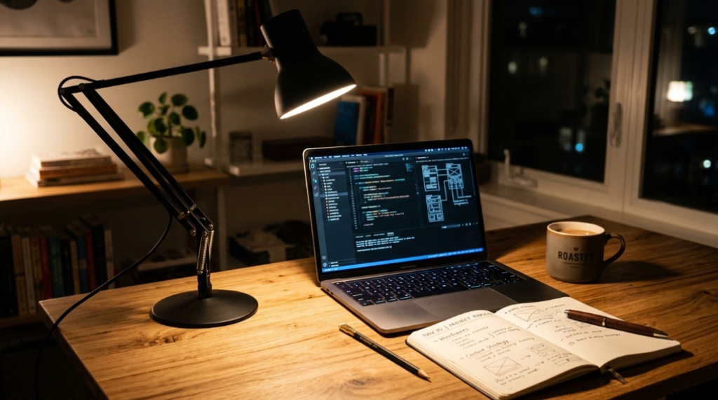 Sleek adjustable desk lamp illuminating a laptop on a clean wooden desk.
