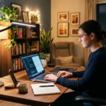 Modern home office setup with bright task lighting and soft ambient lighting.