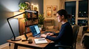 Modern home office setup with bright task lighting and soft ambient lighting.