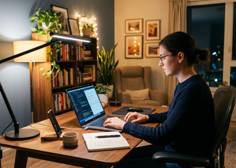 Modern home office setup with bright task lighting and soft ambient lighting.